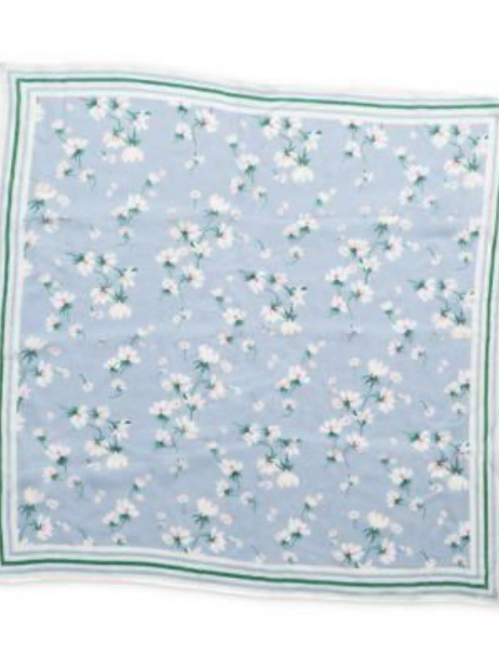Light Blue Floral Silk-Feel Scarf with Green Trim